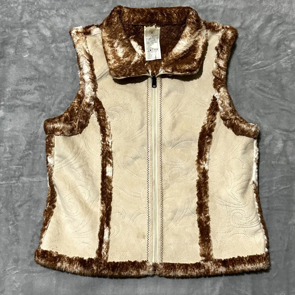 Ariat Faux Fur Shearling Reversible Full Zip Vest Womens Size Large Tan Cozy